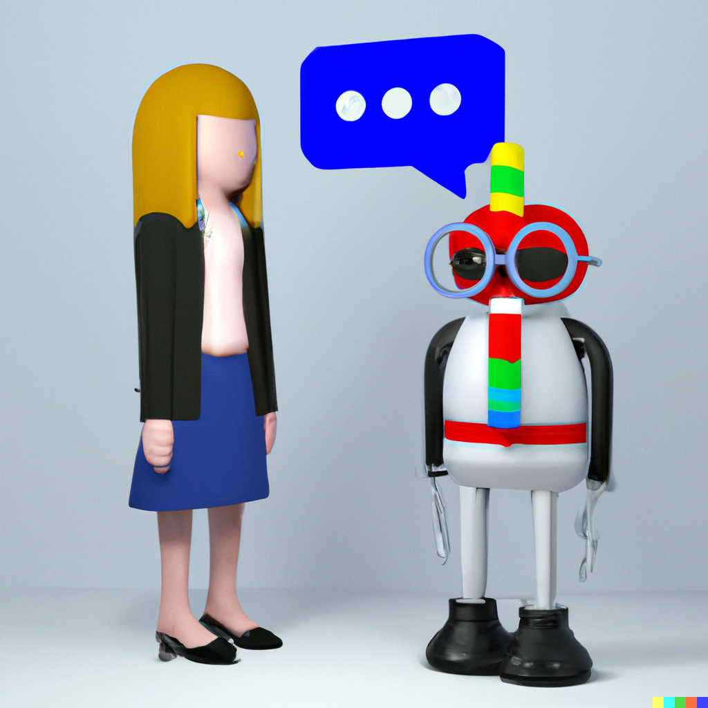 an 3d render about a female journalist who interviews the bot chatgpt about the future of search engines and open search index - Image created with DALL·E